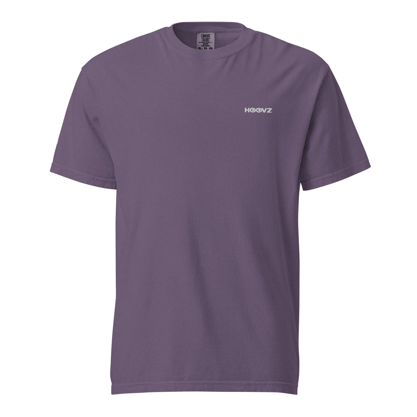 Grape purple heavyweight t-shirt front view with minimal HOOVZ logo, clean modern streetwear design
