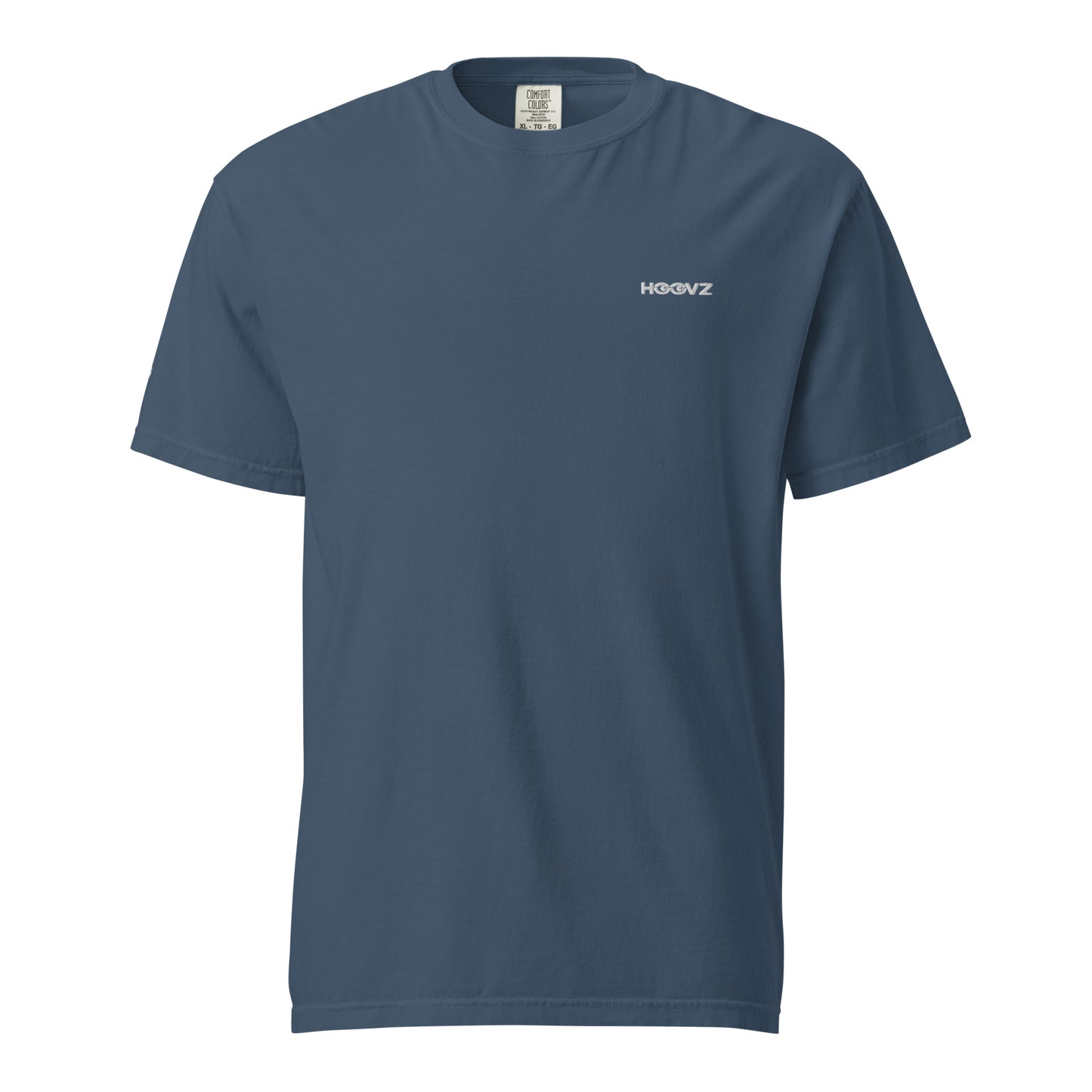 Midnight blue heavyweight t-shirt front view with minimal HOOVZ logo, clean modern streetwear design