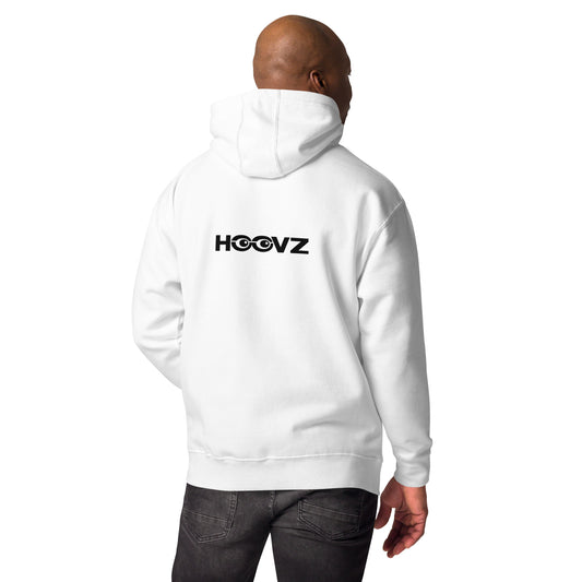 Man wearing white HOOVZ hoodie from back, minimal streetwear look