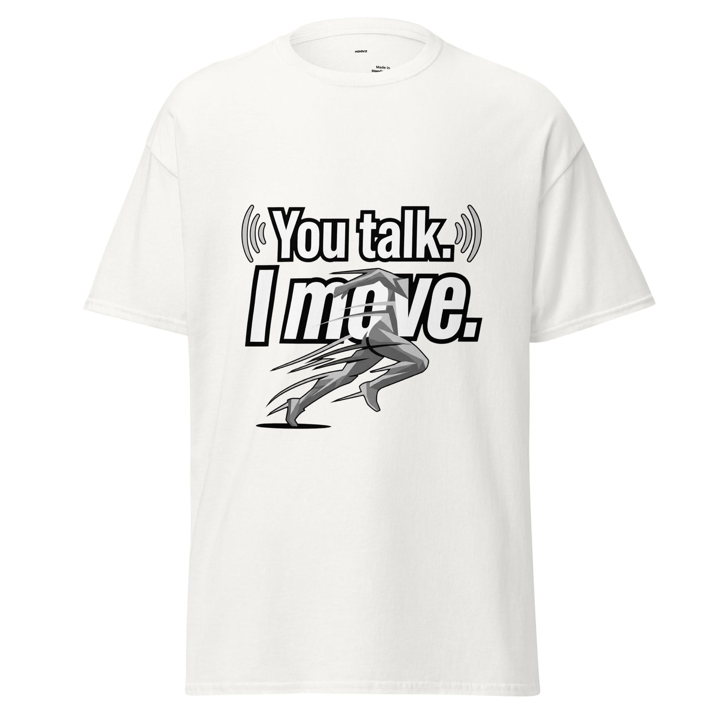 Weißes HOOVZ T-Shirt “You Talk. I Move.” mit Runner Grafik – minimalistisches Streetwear Design