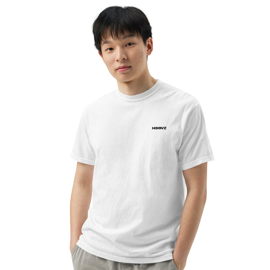 Male model wearing white heavyweight HOOVZ t-shirt front view, minimal streetwear outfit