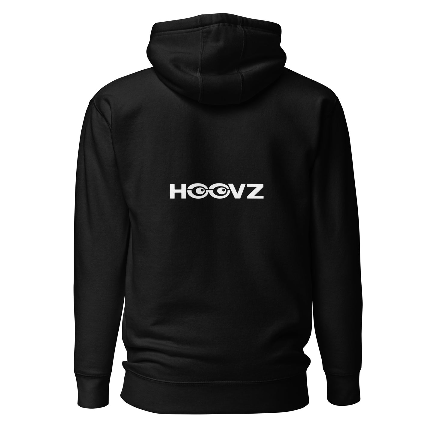 Black hoodie back view with large HOOVZ logo, minimal streetwear design