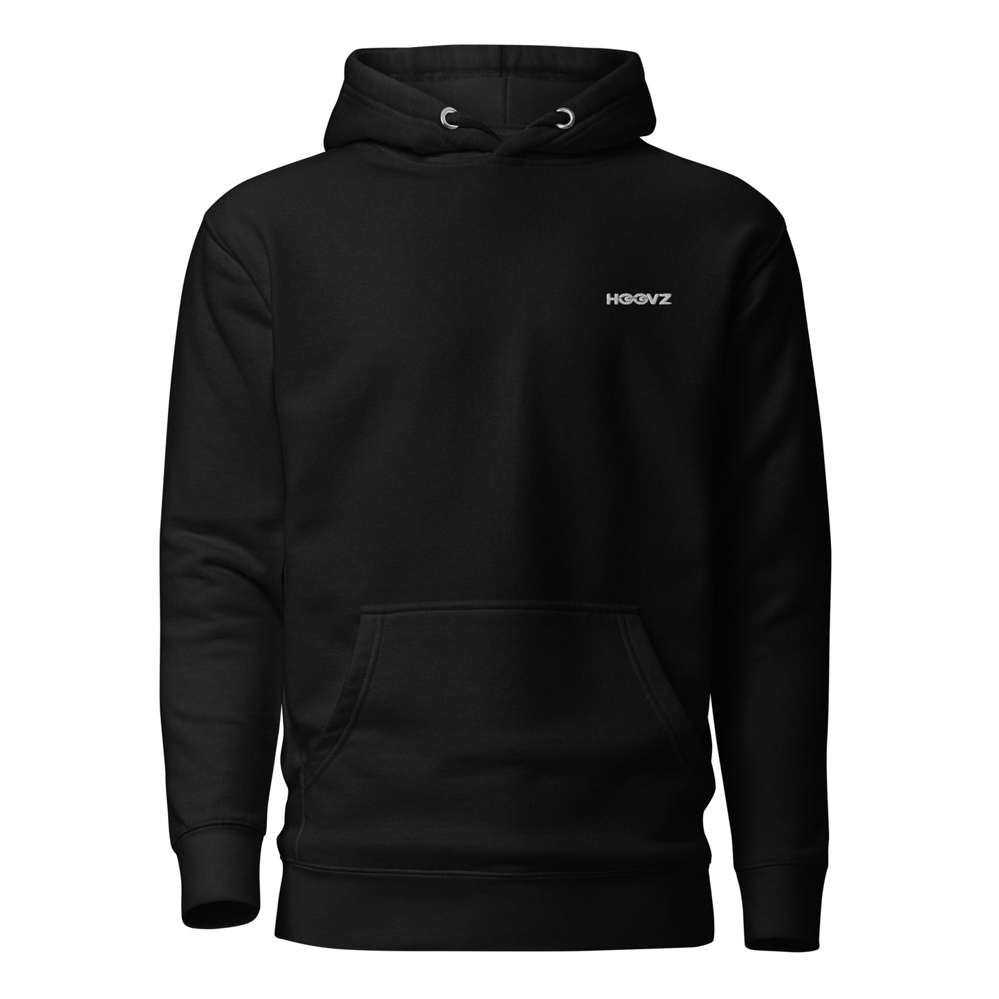 Black premium hoodie front view with minimal HOOVZ logo, clean modern streetwear design