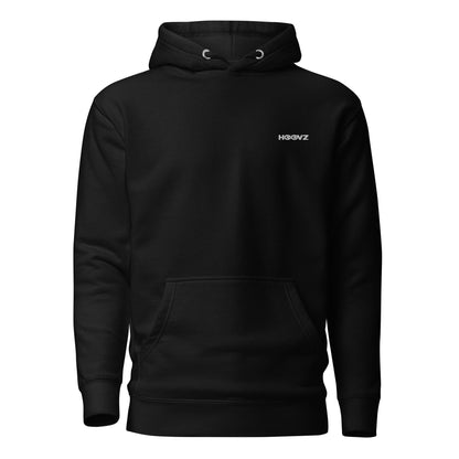 Black premium hoodie front view with minimal HOOVZ logo, clean modern streetwear design