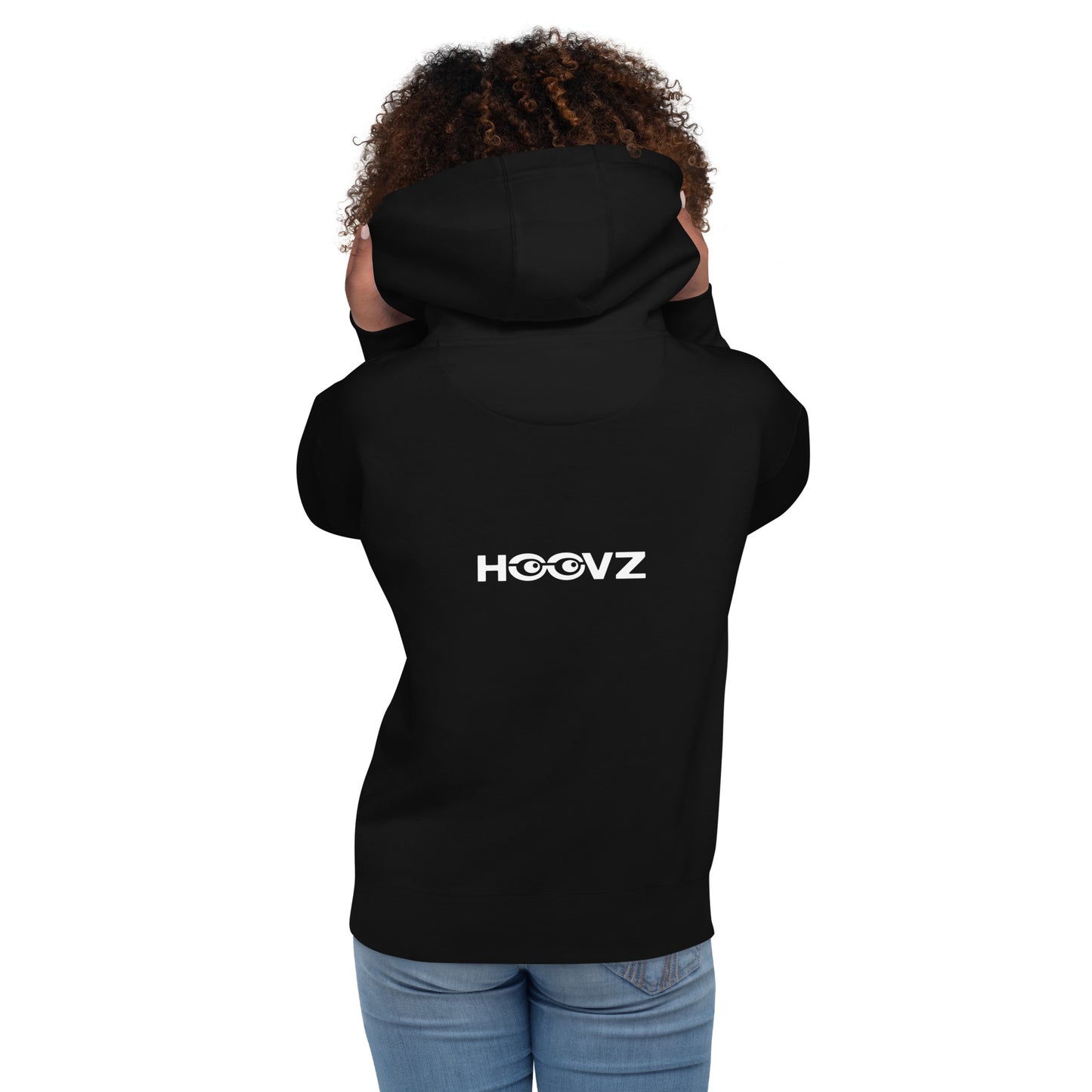 Woman wearing black HOOVZ hoodie from back, minimal streetwear look