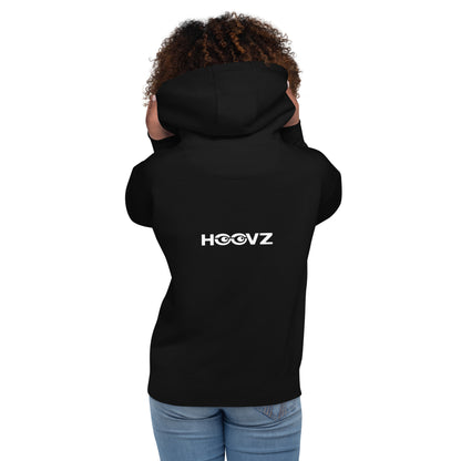 Woman wearing black HOOVZ hoodie from back, minimal streetwear look