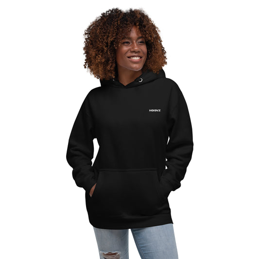 Woman wearing black HOOVZ premium hoodie front view, minimal streetwear outfit