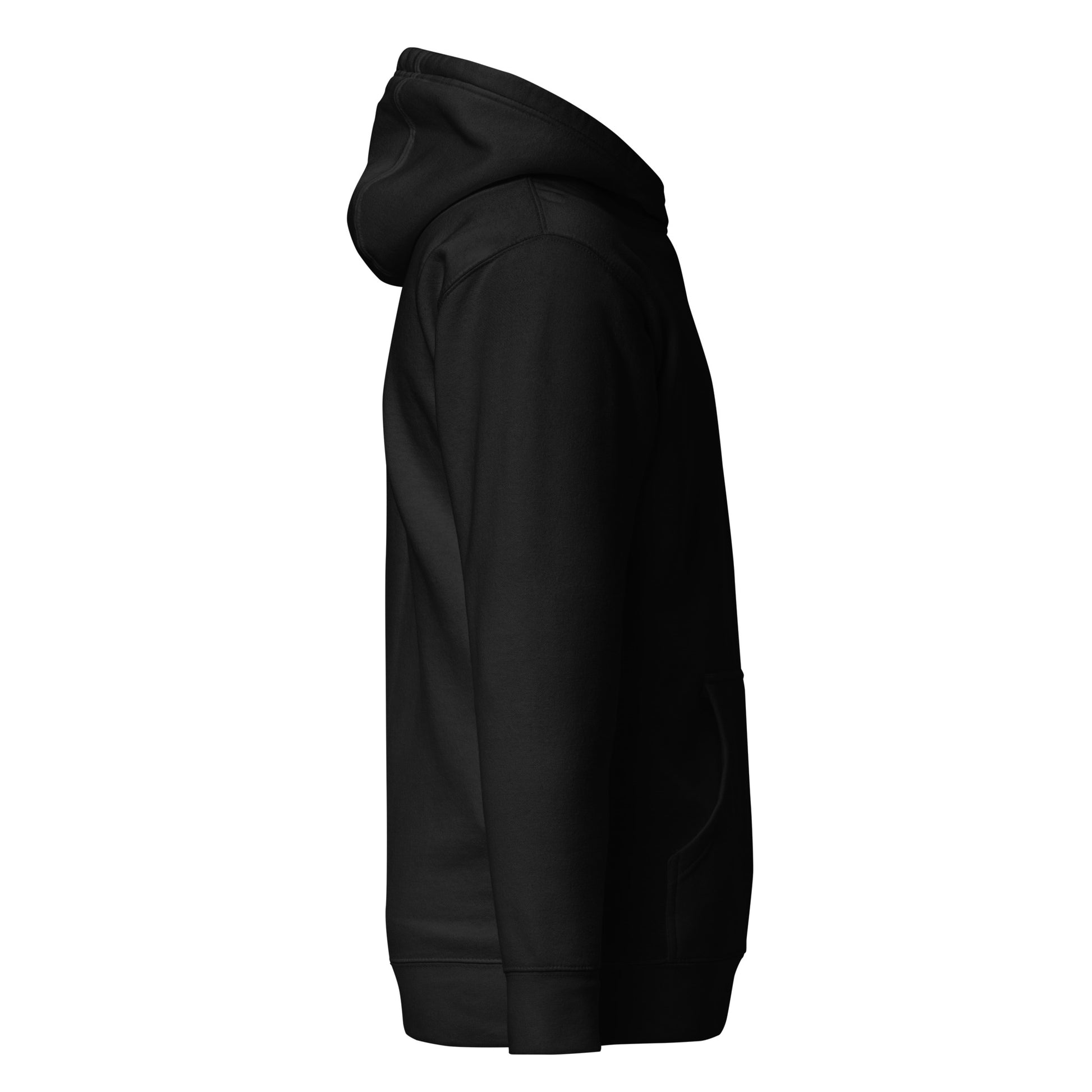 Black premium hoodie side view, clean minimal streetwear silhouette