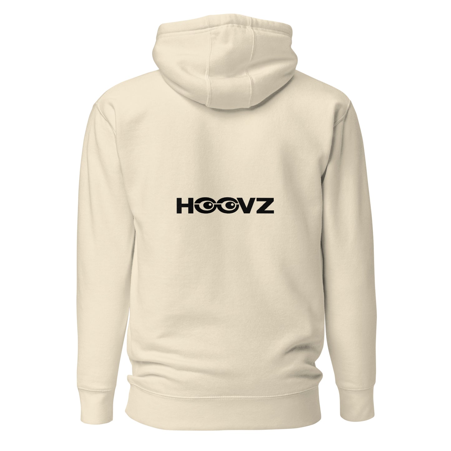 Bone beige hoodie back view with large HOOVZ logo, minimal streetwear design