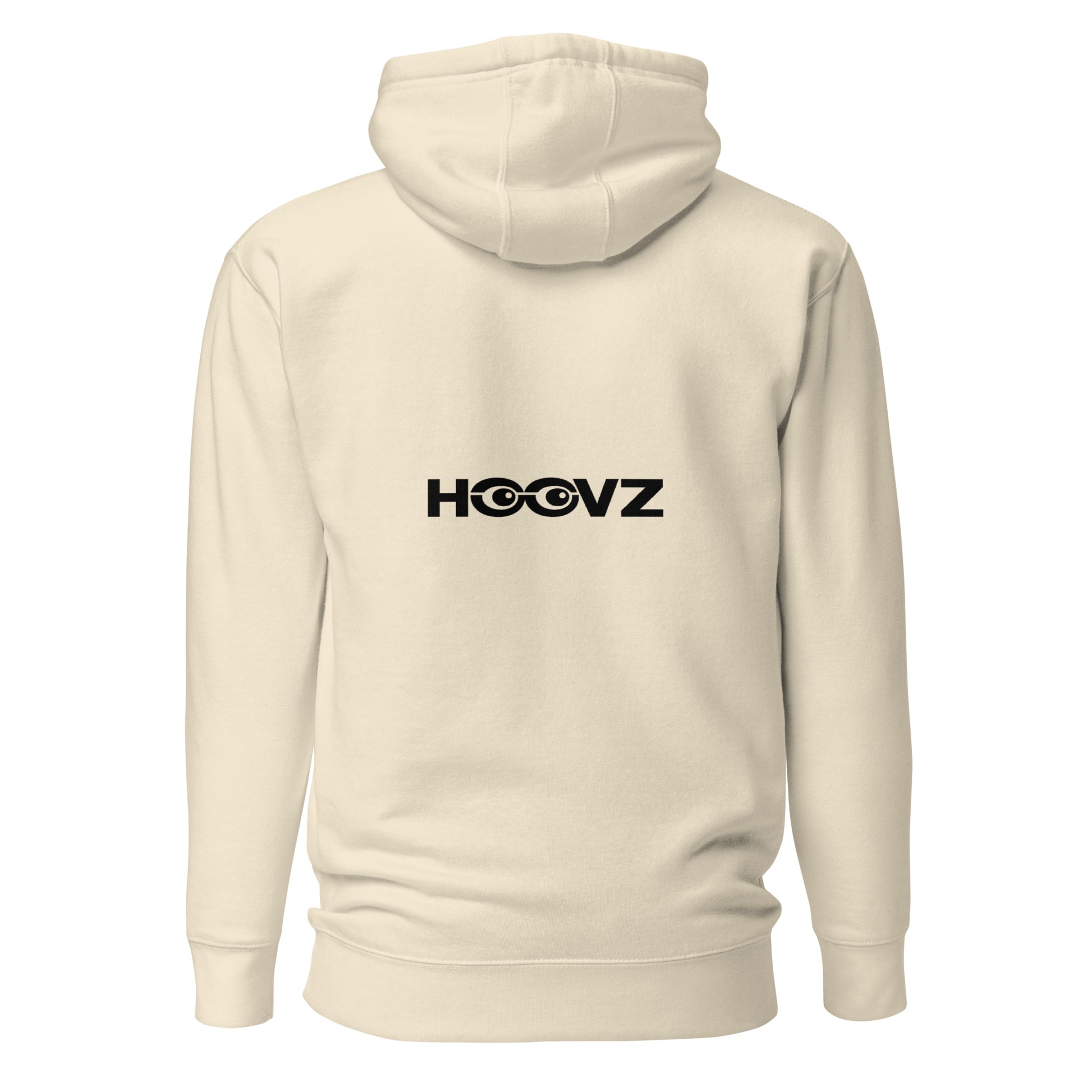 Bone beige hoodie back view with large HOOVZ logo, minimal streetwear design