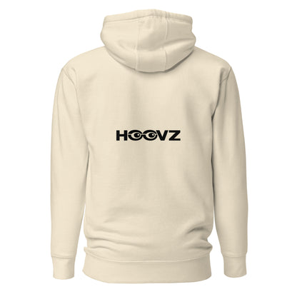 Bone beige hoodie back view with large HOOVZ logo, minimal streetwear design