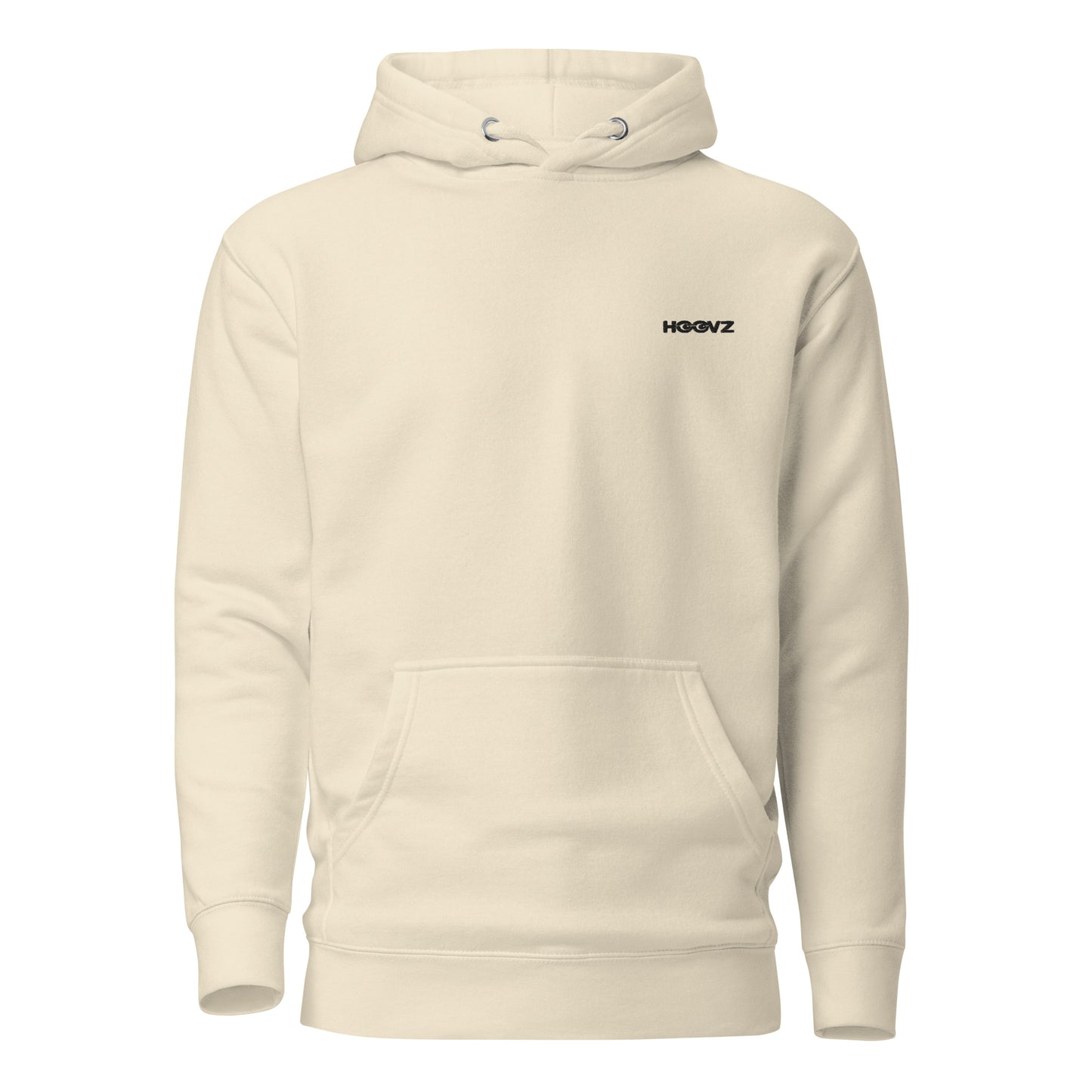 Bone beige premium hoodie front view with minimal HOOVZ logo, clean modern streetwear