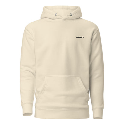 Bone beige premium hoodie front view with minimal HOOVZ logo, clean modern streetwear
