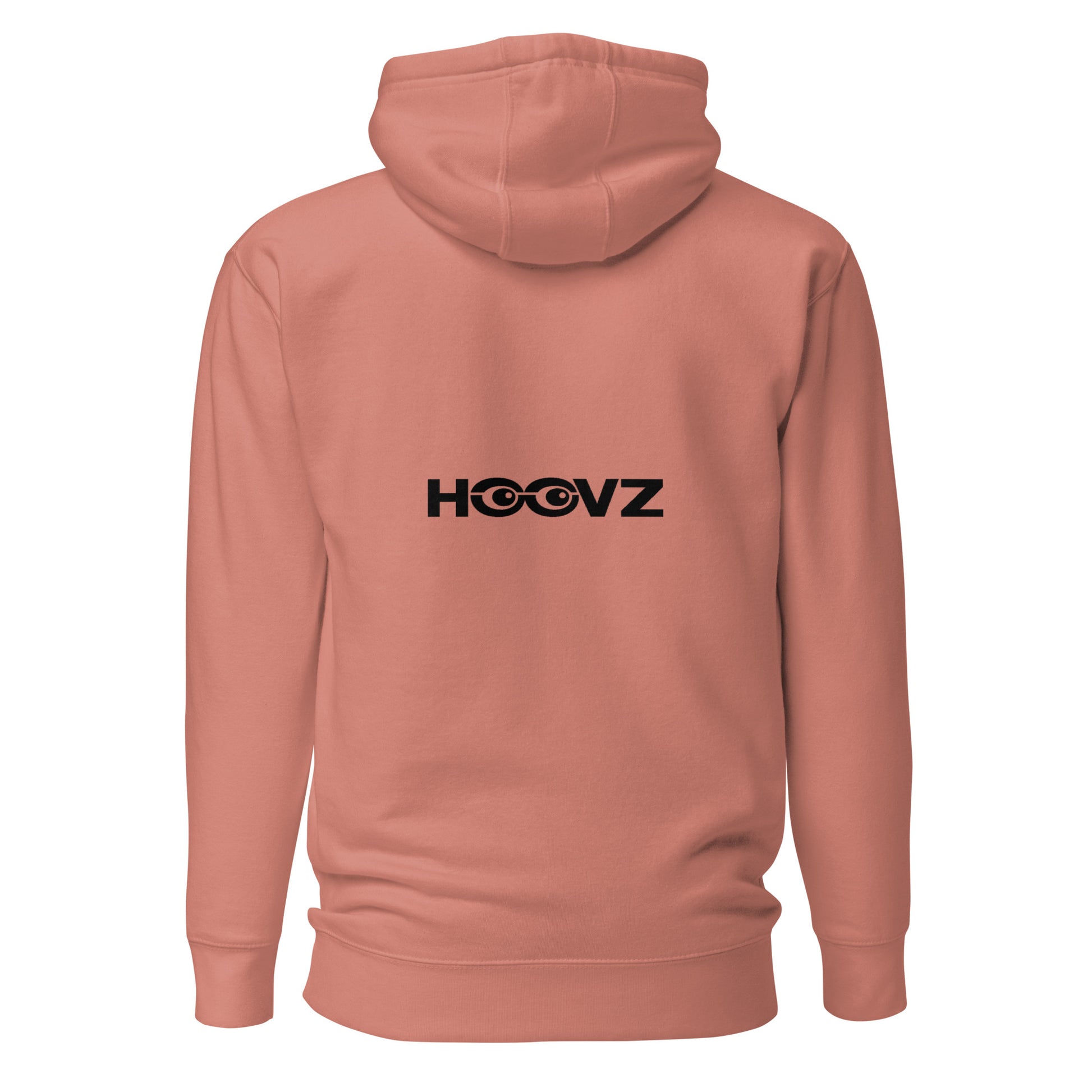 Dusty rose hoodie back view with large HOOVZ logo, minimal streetwear aesthetic