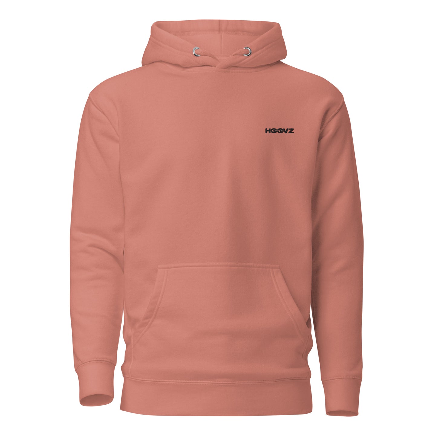 Dusty rose premium hoodie front view with minimal HOOVZ logo, clean modern streetwear