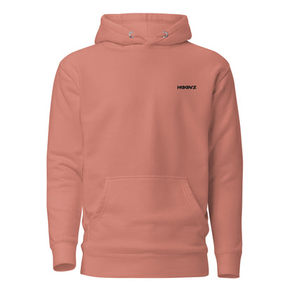 Dusty rose premium hoodie front view with minimal HOOVZ logo, clean modern streetwear