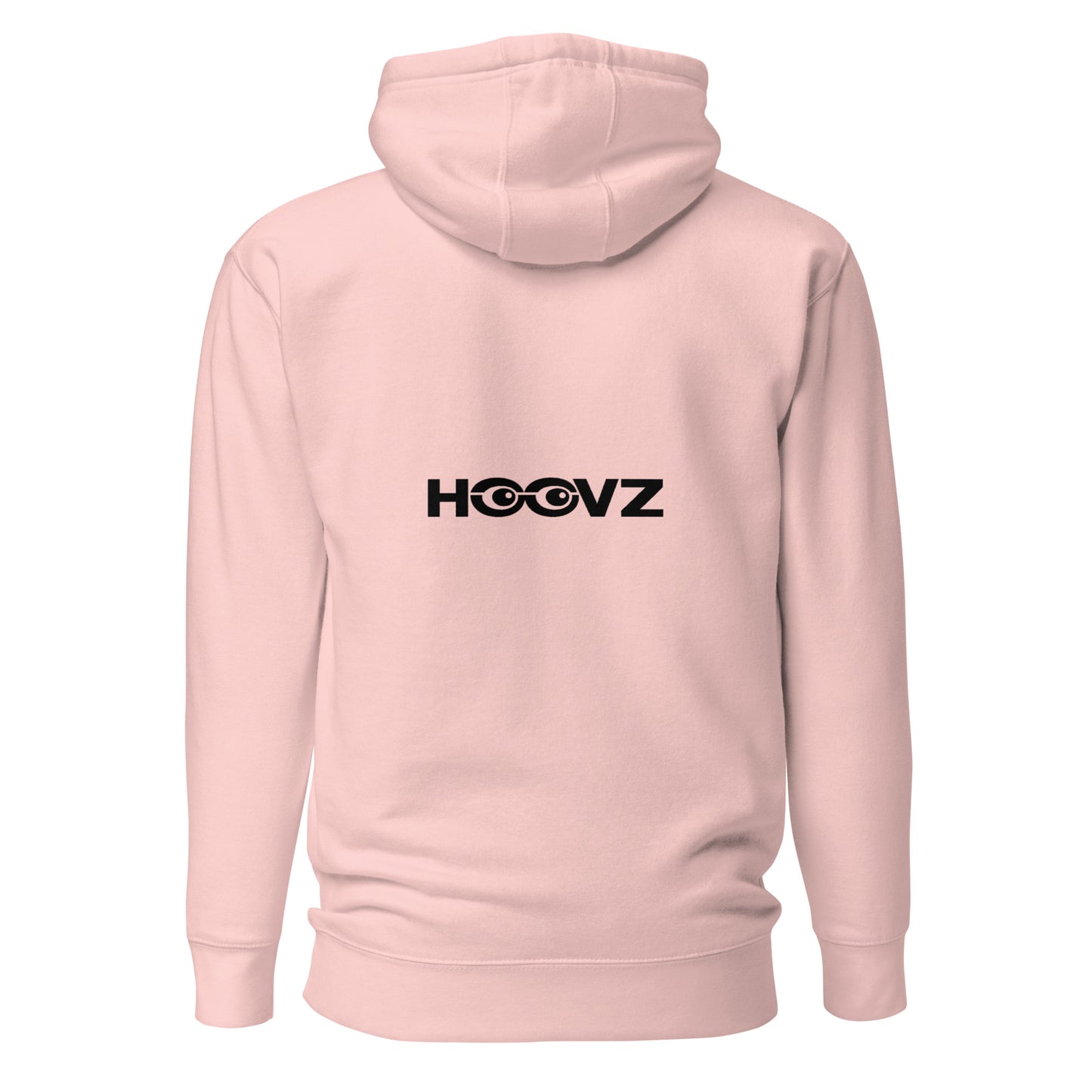 Light pink hoodie back view with large HOOVZ logo, modern minimal streetwear