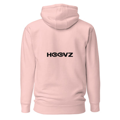Light pink hoodie back view with large HOOVZ logo, modern minimal streetwear