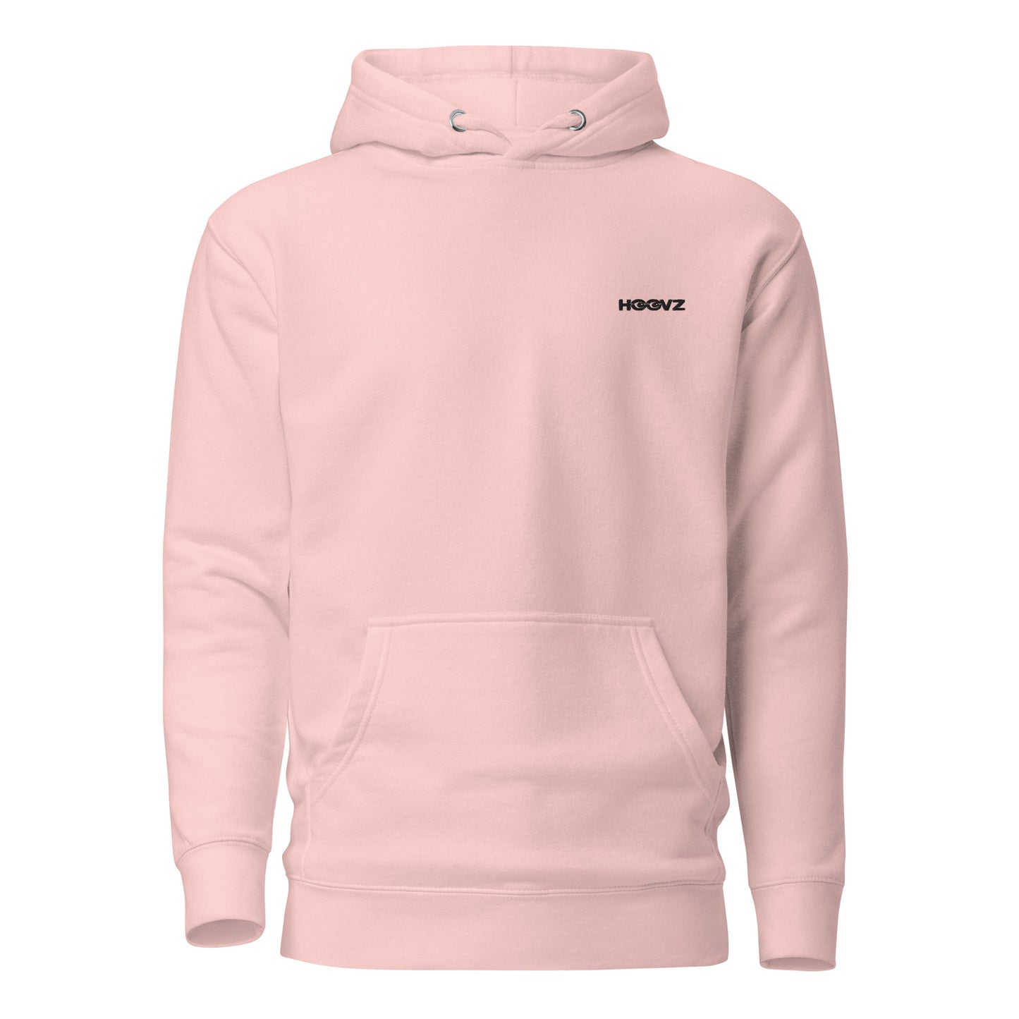 Light pink premium hoodie front view with minimal HOOVZ logo, clean aesthetic streetwear
