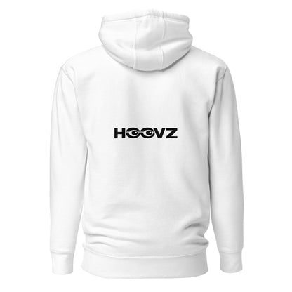 White premium hoodie back view with large HOOVZ logo, clean minimal streetwear