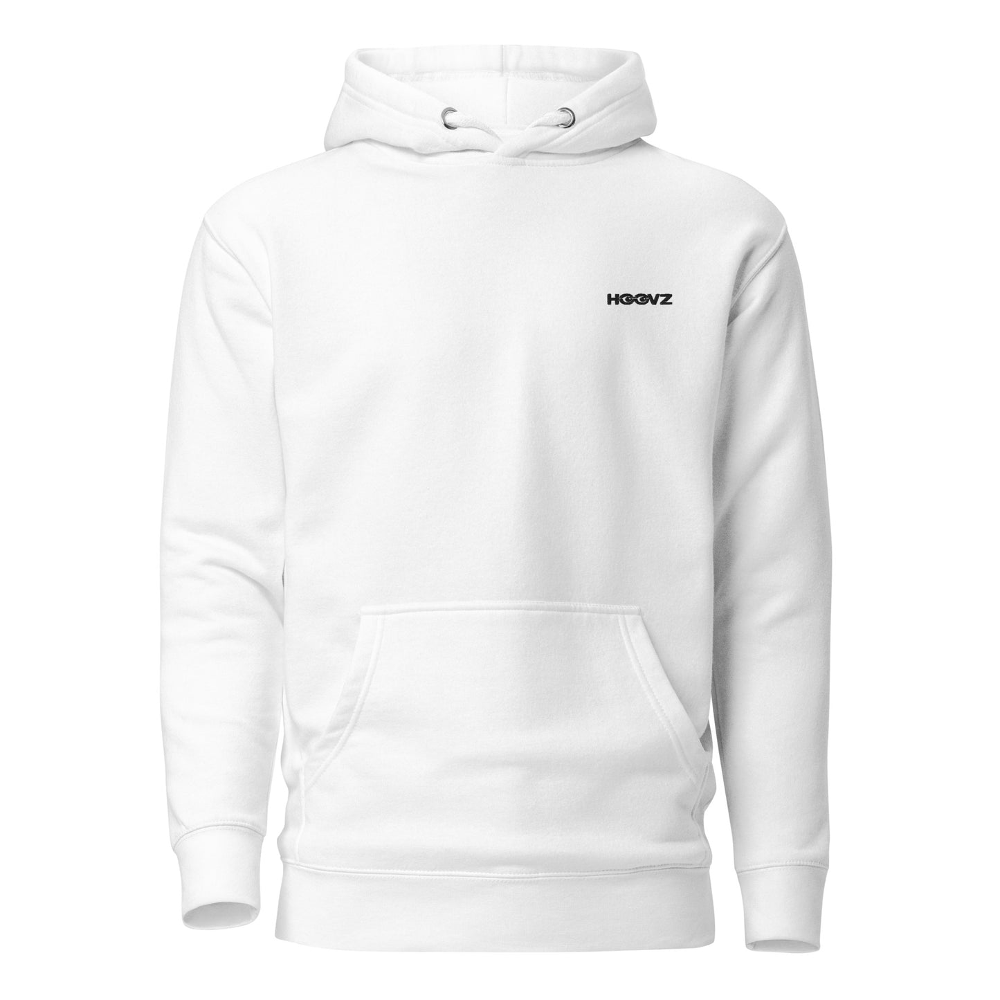 White premium pullover hoodie front view with minimal HOOVZ logo, clean modern streetwear design
