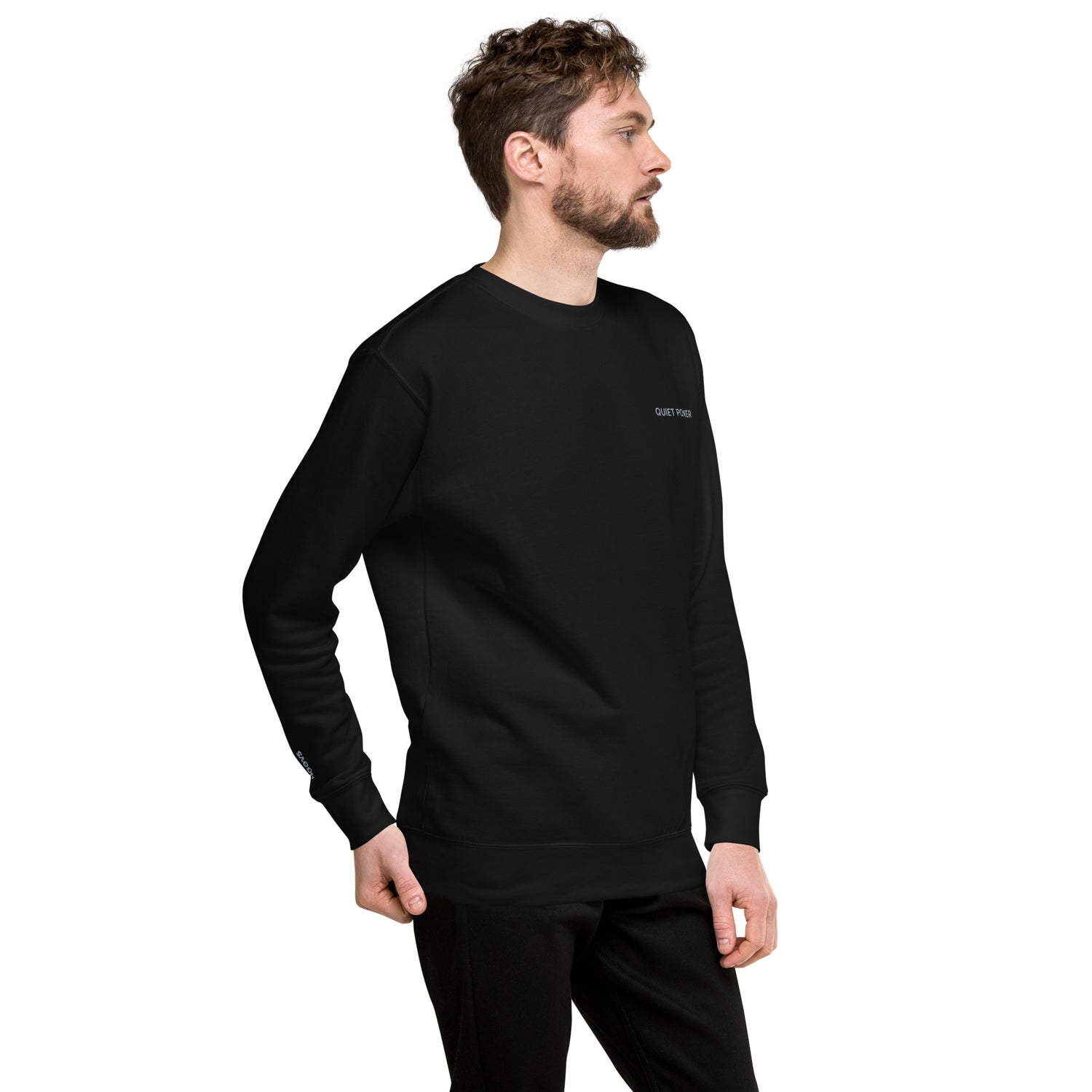 male model wearing black HOOVZ Quiet Power sweatshirt modern streetwear outfit
