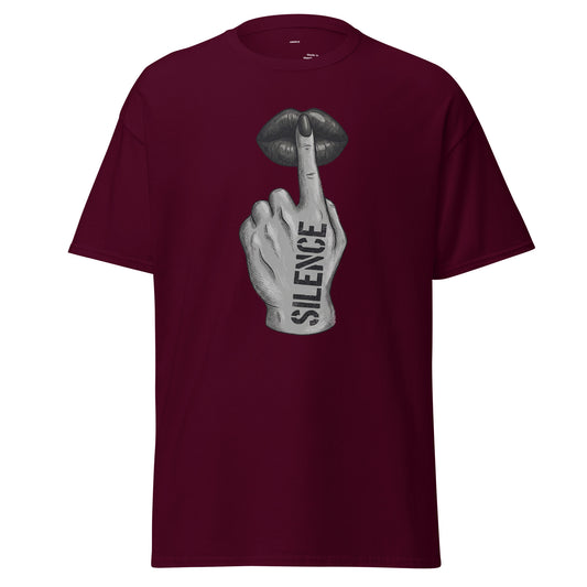 HOOVZ Silence T-Shirt maroon front view graphic silence design with lips and hand streetwear