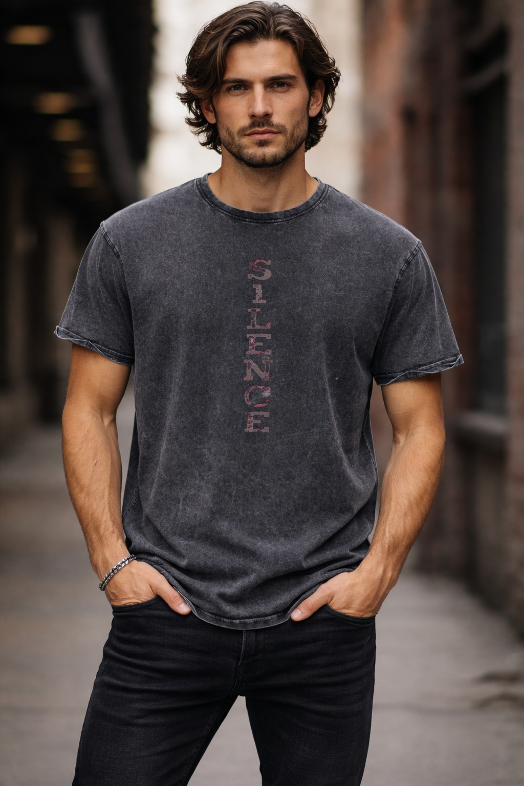 Men’s black washed streetwear t-shirt with vertical “Silence” print by HOOVZ, minimal design, casual urban outfit