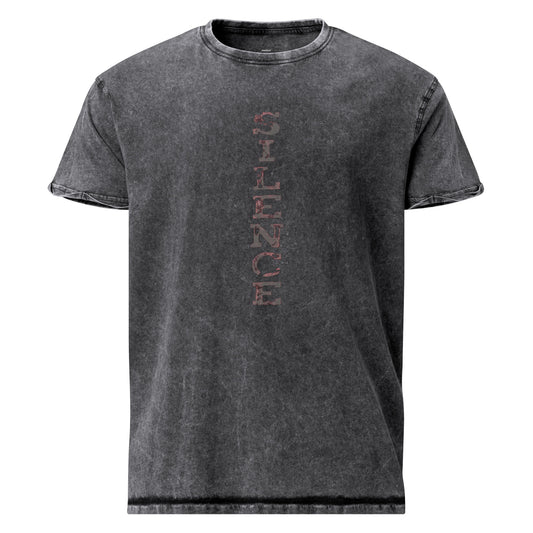 Silence denim t-shirt in washed black with vertical logo print on front, minimal streetwear tee
