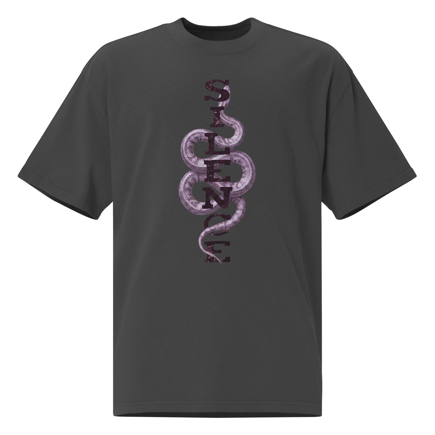 Black oversized t-shirt with Silence Snake graphic, dark aesthetic streetwear by HOOVZ
