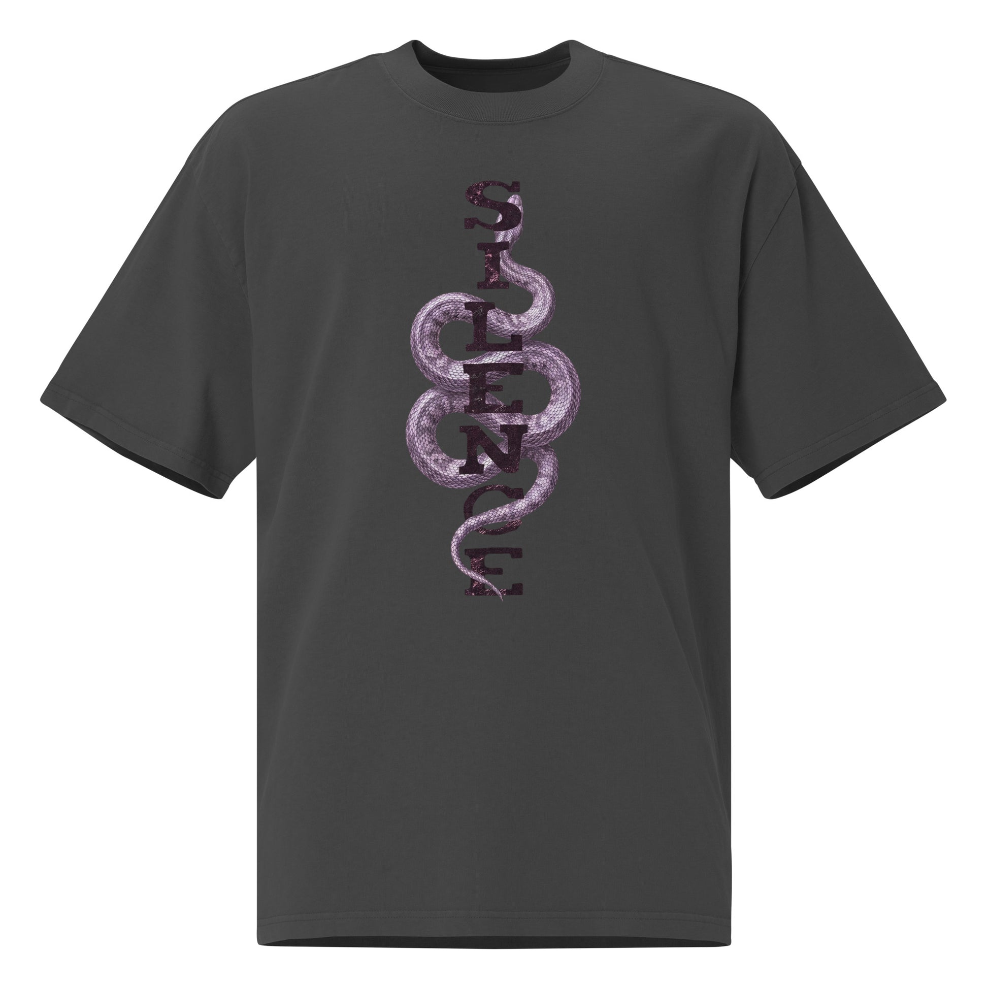Black oversized t-shirt with Silence Snake graphic, dark aesthetic streetwear by HOOVZ
