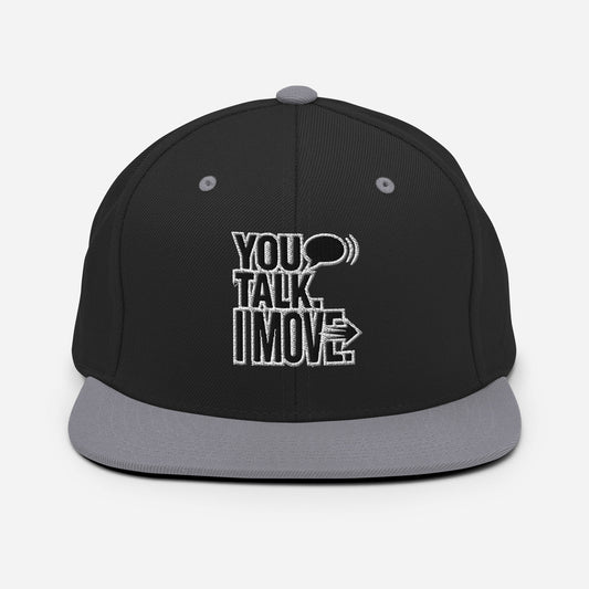Front view of black Silent Move Snapback with silver embroidery – flat brim streetwear hat
